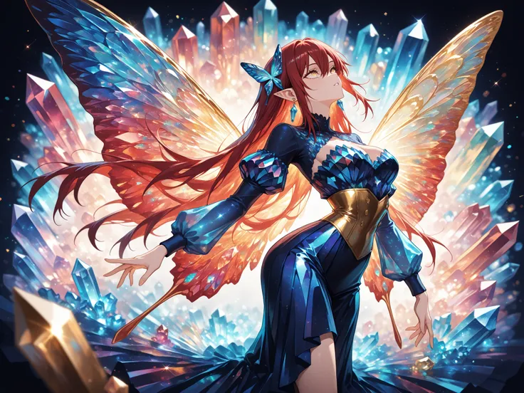 masterpiece, ultra detailed, 16k, depth of field, (masterpiece), best quality, expressive eyes, perfect face, gacha splash, sharp lines, vivid colors, high contrast,sparkling, shining, colorful, translucent, glittery, shine, play of color blue and gold , r...