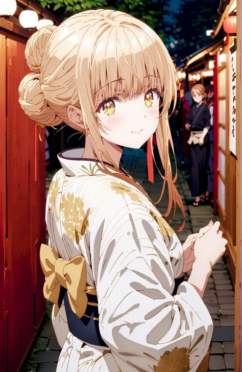 椎名まひる, bungs,  Gold, brown hair, yellow eyes,side lock, single bun hair,Nape,White flower pattern kimono,standing,Light up fireworks,Japanese stalls ,Red Lantern,night,smile,blush,close your mouth,full bodyがイラストに入るように,break outdoors, Japanese Festival,
bre...