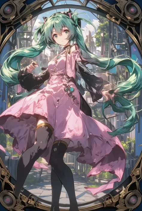 ( masterpiece、 best quality、 best quality、Official Art、 beautiful beautiful :1.2) Hatsune Miku、light green twin tails, beautiful breasts, Anime Style、Story、、beautiful girl、とてもcute天使、Pink Gothic Dress、cute、baby face、smile、long skirt、BLACK LONG BOOTS、Very...