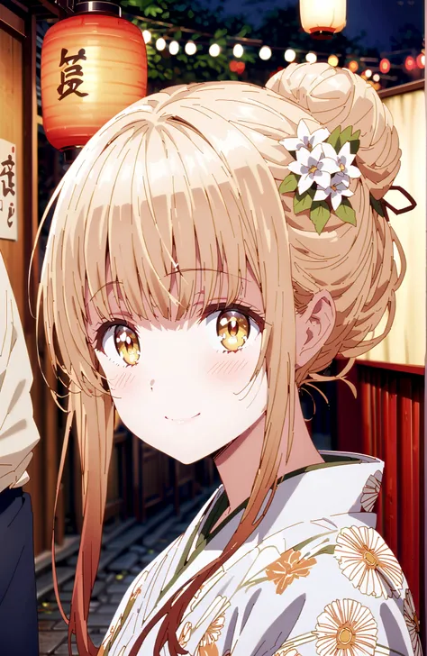 椎名まひる, bungs,  Gold, brown hair, yellow eyes,side lock, single bun hair,flower hair ornament,Nape,White flower pattern kimono,standing,Light up fireworks,Japanese stalls ,Red Lantern,night,smile,blush,close your mouth,full bodyがイラストに入るように,break outdoors, J...