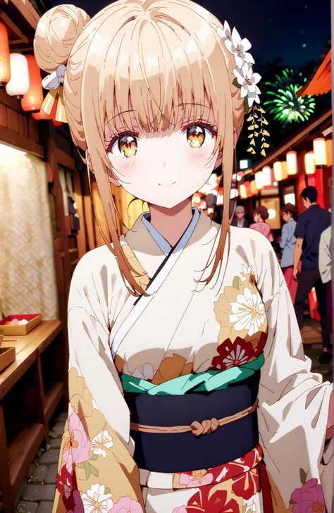椎名まひる, bungs,  Gold, brown hair, yellow eyes,side lock, single bun hair,flower hair ornament,Nape,White flower pattern kimono,Medium breast,standing,Light up fireworks,Japanese stalls ,Red Lantern,night,smile,blush,close your mouth,full bodyがイラストに入るように,bre...