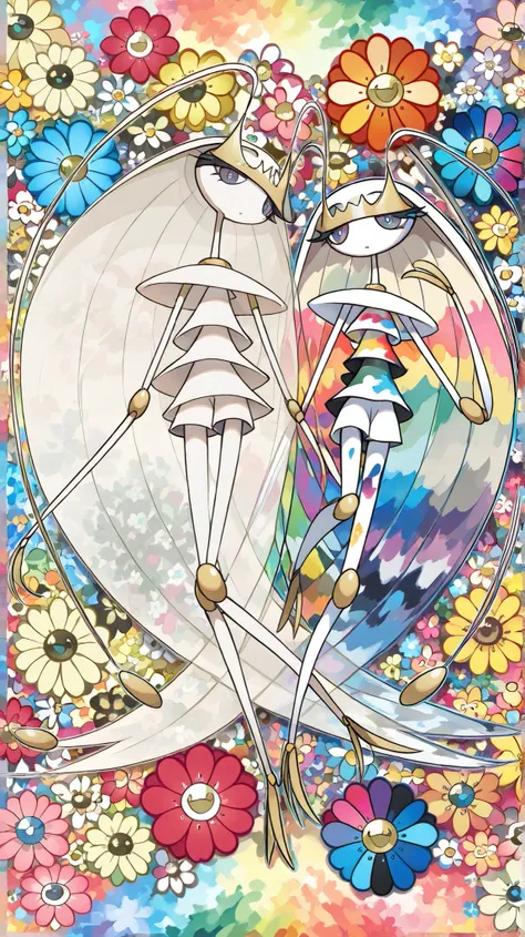 (in style of Takashi Murakami:1.0), beatiful face, feet,best quality,tonemapping, sharp focus, hyper detailed,(pheromosa),best quality,beautiful,pokemon,(2 fingers),(Clear eyes),solo,detaileds,8K,(slender:1.3),wallpaper,jumping kick,(Colorful flowers backg...