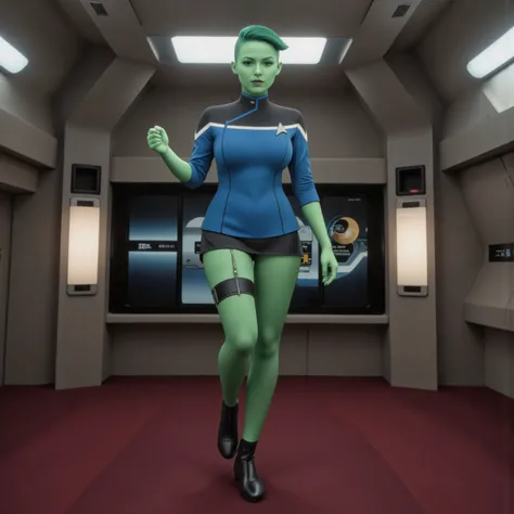Sci-fi Pinup, ultra high definition photograph, green-skinned woman, beautiful pinup model with green skin and green hair as a starfleet officer wearing a sexy blue TLD uniform with black shoulders, on the starship enterprise, Startrek badge, garter, sexy ...