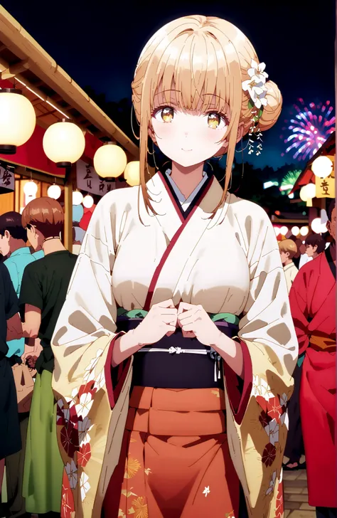 椎名まひる, bungs,  Gold, brown hair, yellow eyes,side lock, single bun hair,flower hair ornament,Nape,White flower pattern kimono,Medium breast,standing,Light up fireworks,Japanese stalls ,Red Lantern,night,smile,blush,close your mouth,full bodyがイラストに入るように,bre...