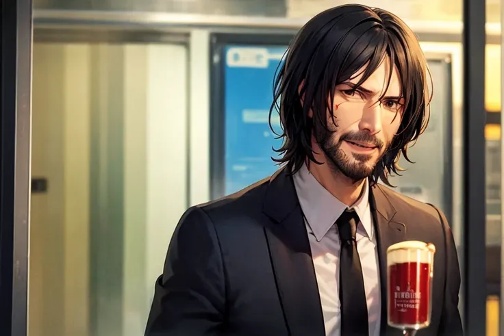 John wick, 1men, subway, blood,suit,pistol,gun,smile,fridge with beer