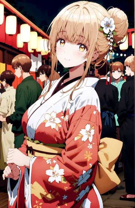椎名まひる, bungs,  Gold, brown hair, yellow eyes,side lock, single bun hair,flower hair ornament,Nape,White flower pattern kimono,Medium breast,standing,Light up fireworks,Japanese stalls ,Red Lantern,night,smile,blush,close your mouth,full bodyがイラストに入るように,bre...
