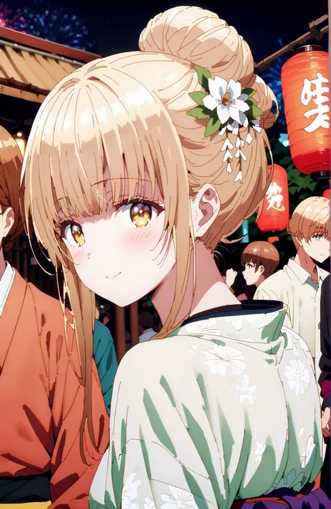 椎名まひる, bungs,  Gold, brown hair, yellow eyes,side lock, single bun hair,flower hair ornament,Nape,White flower pattern kimono,Medium breast,standing,Light up fireworks,Japanese stalls ,Red Lantern,night,smile,blush,close your mouth,full bodyがイラストに入るように,bre...