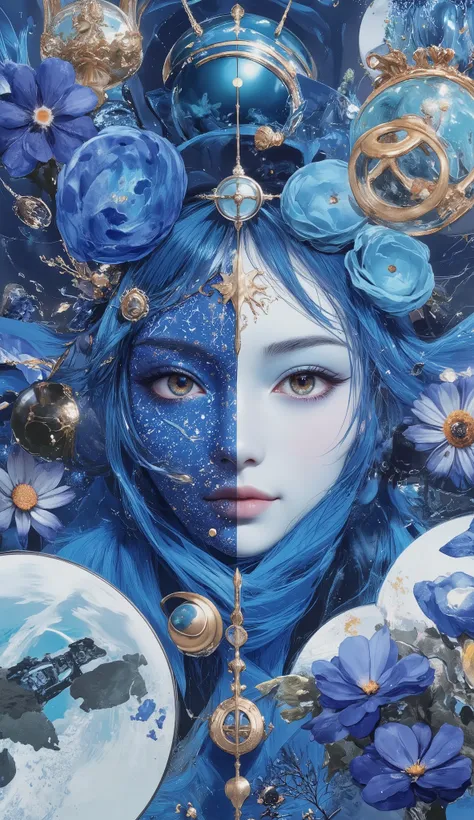 masterpiece, best quality, super res, perfect anatomy, absurd, dreamy、collage art、female, blue hair、Blue clothes、Blue Flower、blue animal 、Blue car、blue celestial body、blue swirl、detailed face, blue base with golden accents、Arrange them neatly with beautifu...