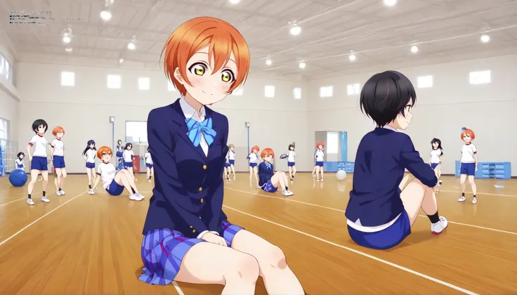 1girl,unwellness hoshizora rin, striped, short hair, blush, otonokizaka school uniform, lovelive_rin black blazer, blue plaid skirt, blue stripe bowtie, orange hair, very short hair, hair between eyes, yellow green eyes,sitting on the floor grasping one's ...