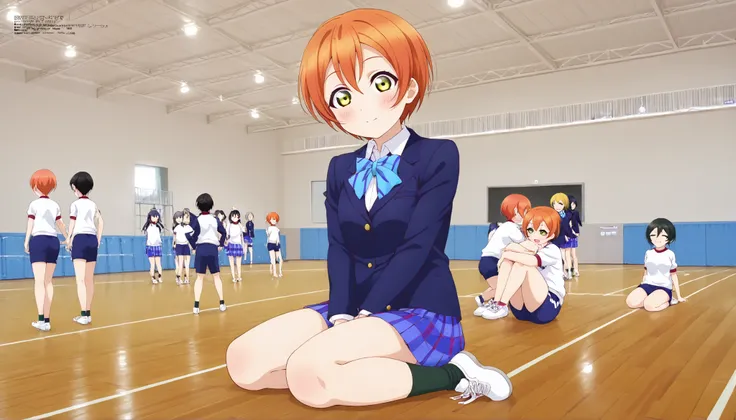 1girl,unwellness hoshizora rin, striped, short hair, blush, otonokizaka school uniform, lovelive_rin black blazer, blue plaid skirt, blue stripe bowtie, orange hair, very short hair, hair between eyes, yellow green eyes,sitting on the floor grasping one's ...