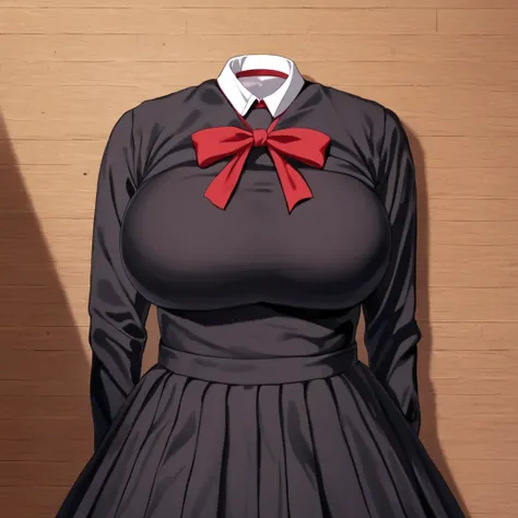 (invisible:1.5, no humans:1.5, headless:1.5, faceless:1.5), ( shuuchiin_academy_uniform, fujiwara_chika, school_uniform, red_ribbon, breasts, black_dress, long_sleeves:1.2), on bed, (big breast), (best quality, masterpiece:1.2), detailed cloth texture, ((d...