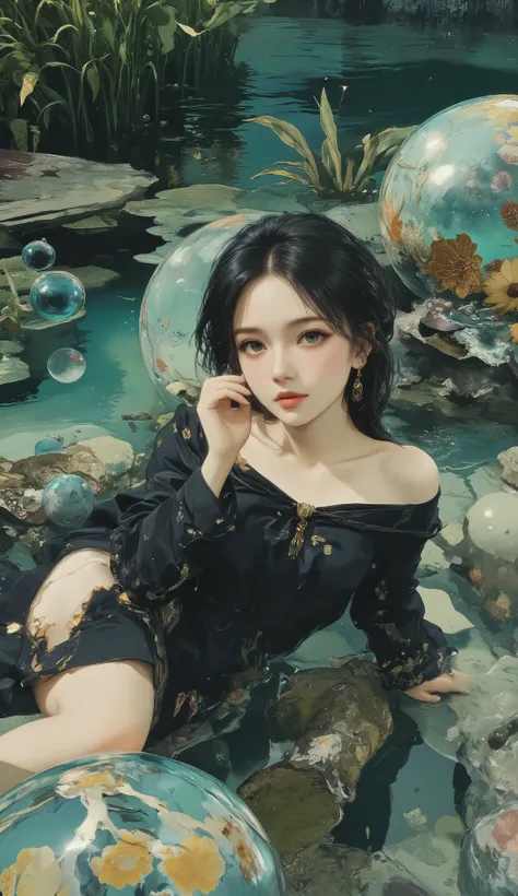 masterpiece, best quality, super res, perfect anatomy, absurd, dreamy、collage art、female, shallow water surface、lie on your back、Black and dark 、Clear crystal ball with lots of lights, Past Memories、Other People's Dreams、bubble gum,  calm、Peaceful、Bird’s-e...