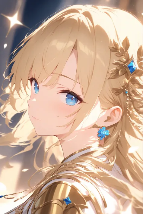 looking at viewer,close-up,blurry background、Blue and gold color scheme、Beautiful decoration、 female knight、 Gold、long hair、blue eyes、 Himeji Knight、Light effects、Back blur、Front blur