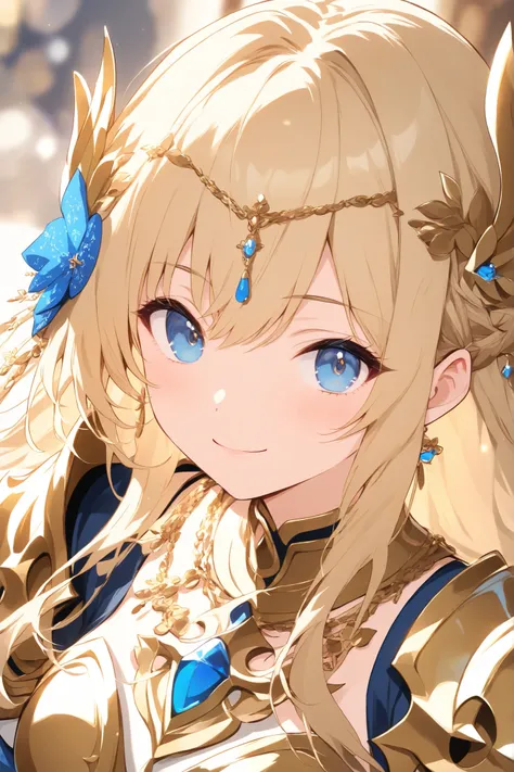 looking at viewer,close-up,blurry background、Blue and gold color scheme、Beautiful decoration、 female knight、 Gold、long hair、blue eyes、 Himeji Knight
