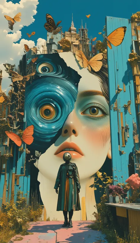 masterpiece, best quality, superless, perfect anatomy, female, detailed face, butterfly々face、blue sky、  White Clouds  、 window、pipe tobacco、The blue apple is rolling、Magritte style、dramatic, dynamic, absurd, metaphysics  
