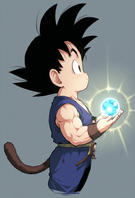 Dragon ball, Goku hold a dragon ball with two hands , black hair, black eyes, chibi, monkey tail, side view, upperbody 