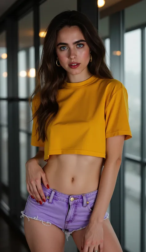 A full-body photograph, masterpiece, photorealistic, high-resolution photograph featuring a Caucasus girl with a fair complexion and a slender build, margqflx. She has a striking, symmetrical face with a high forehead, arched eyebrows, and full lips. Her e...
