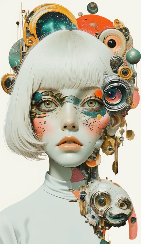 masterpiece, best quality, superless, perfect anatomy, absurd, dreamy、collage art、female, white hair、white clothes、white animals、White car、white celestial body、white swirl、detailed face, red, green, and yellow accents on a white base、Pure white beauty、Doub...