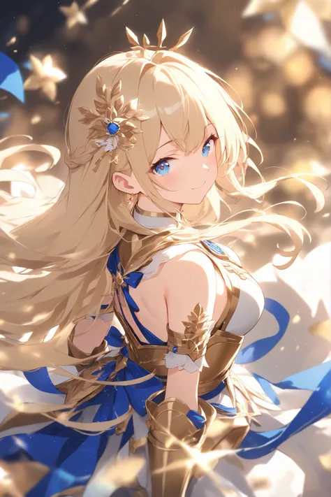looking at viewer,close-up,blurry background、full body、Blue and gold color scheme、Beautiful decoration、 female knight、 Gold、long hair、blue eyes、 Himeji Knight、Light effects、Back blur、Front blur