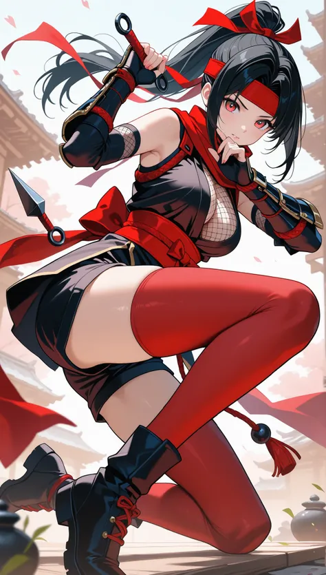 Hanabi, 1girl, solo, black ponytail hair, red headband, ninja outfit, gauntlets, black shorts, red stocking, kunai in stocking, boots,

