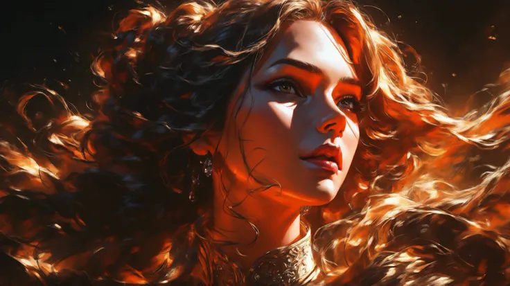 beleza, beautiful woman portrait, elegant facial features, mysterious expression, graceful posture, flowing hair, 4k, hyper-detailed, photorealistic, professional portrait, dramatic lighting, cinematic atmosphere, oil painting, warm color palette, rich tex...