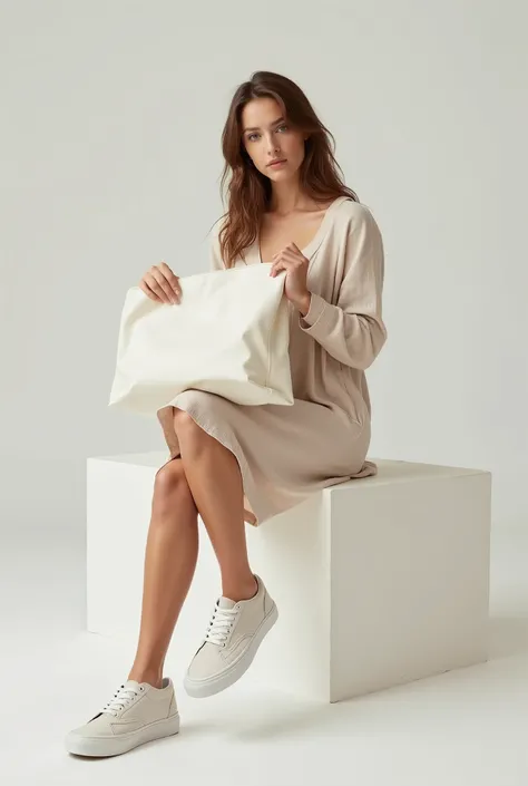 a beautiful Italian woman sitting on a low white block, wearing dress and (((Vans® sneakers))), holding one holding a white cloth bag, holding a raw cloth bag, square bag, Sustainable Materials , flat bag, holding an ecological bag, realistic photo, adver...