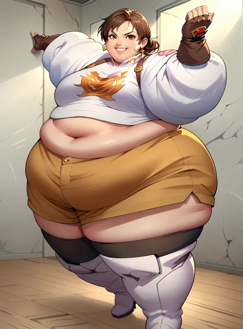 score_9, score_8_up, score_7_up, score_6_up, score_5_up, score_4_up , BREAK source_anime,anime screencap,anime_coloring,anime_lineart, smile, gloves, brown eyes, jewelry, earrings, shorts, thigh highs, boots, fingerless gloves, white shirt, smile, midriff,...