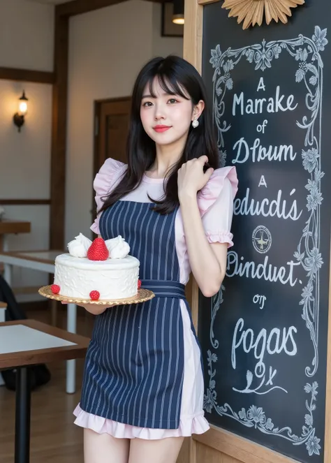 super real, photorealistic, Dramatic scene, shadow, global lighting, solo, (A 20-year-old famous Japanese idol woman depicted on a blackboard:1.5), a very pretty and delicate Japanese girl, Very beautiful、very cute face, (Modern maid, detailed facial skin ...