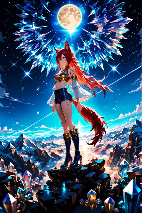 (masterpiece, best quality:1.3), amazing quality, very aesthetic, absurdres, highres, newest, HDR, 8K, from front, full body, ultra-wide angle, dynamic angle, Crystal light art, 1 woman, golden eyes, very long hair, long side stripes, (red hair), (medium b...