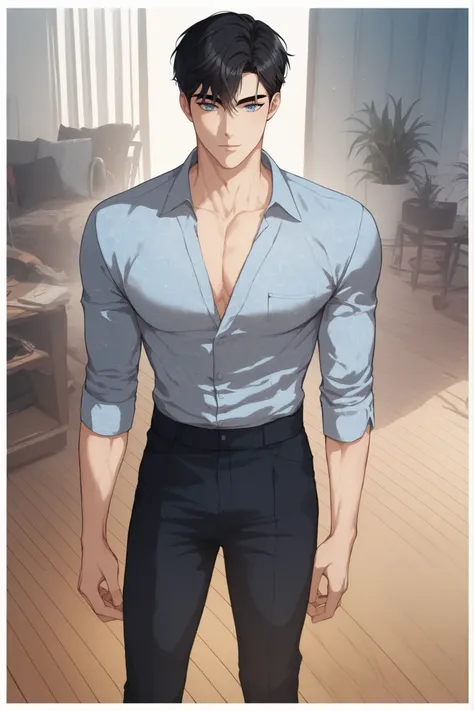 1 sexy blue eyes black hair male, sexy adult male, cut muscle build, slim waist, casual cool designs/patterns clothes, semi-giant, Wooden floor, modern room