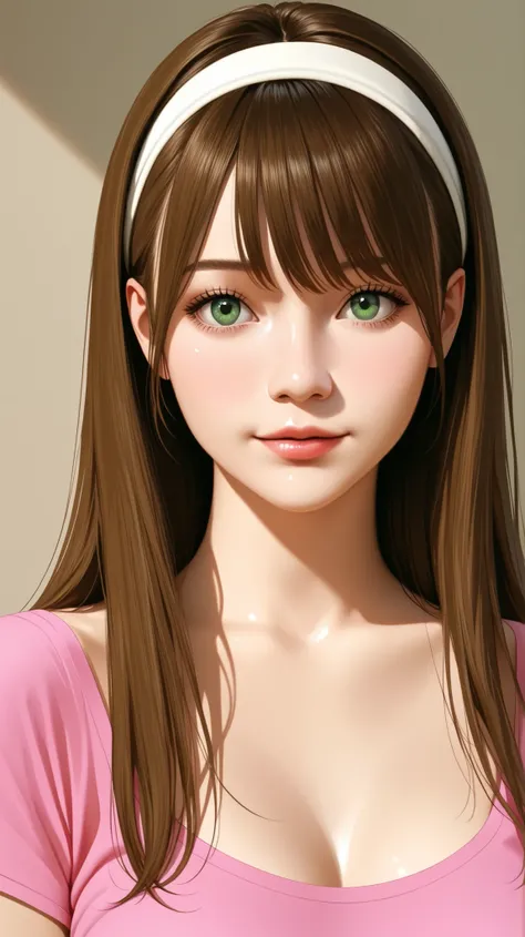 A beautiful adult woman with long straight brown haired with full-spiky bangs, beautiful green eyes, medium chest, wear white hairband, wear a pink shirt with scoop neck and short-sleeved, portrait, front-face view, realistic