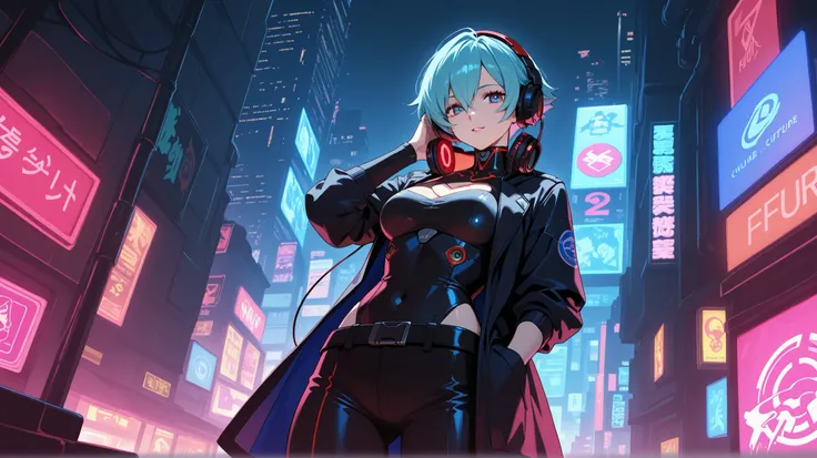 woman humanoid mechanical cyberpunk using headphones in nght city of future