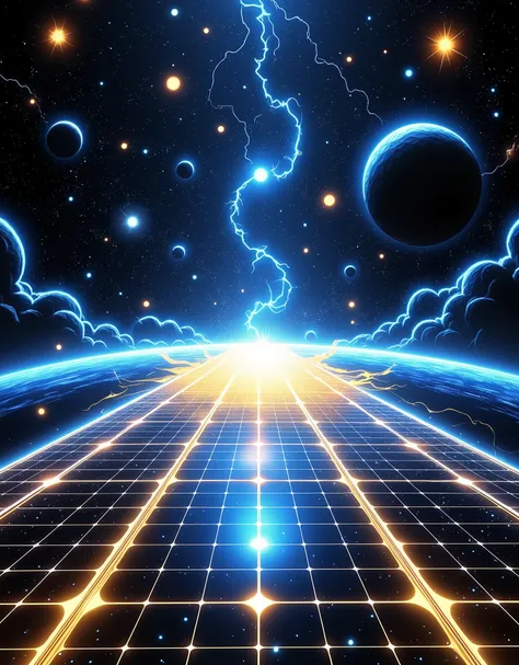 Very Beautiful Blue and Gold, Painting-like Sky, Dark Outer Space, Gold Solar Panel, Solar Ray, Artwork High Quality, realistic, Extremely detailed, professionals under the umbrella, HDR, Generative Base Drawing, clear focus, vivid colors, Bokeh, Blue Gold...