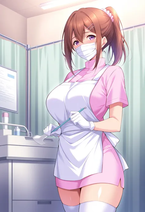 Score_9, score_8_up, score_7_up, source_anime, Sakurakawa_Ayana, 1girl, solo, brown hair, large breasts, ponytail, hair ornament, hairclip, purple eyes, shiny hair, hair between eyes, (best quality), (high quality), {masterpiece}, extremely delicate and be...