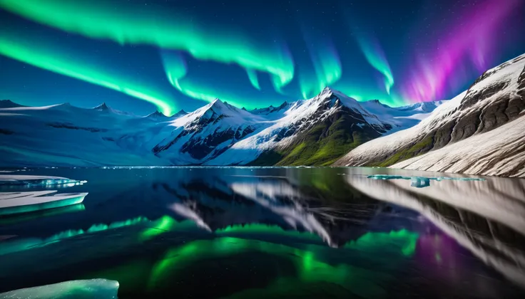 Ultra High Definition Processing,high accuracy,High Quality,amazing view, The stunning sight of the Aurora Borealis dancing in the night sky.,( bright green, Purple, And the bright blue Aurora Borealis ripples over the vast glacier.:1.2), BREAK The glacie...