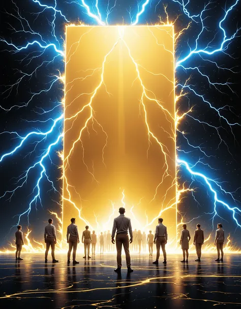 Very Beautiful Blue and Gold, Painting-like Sky, Dark Digital Space, The Golden Panel, The Collapse of the Electronic World, Artwork High Quality, realistic, Extremely detailed, professionals under the umbrella, HDR, Generative Base Drawing, clear focus, v...
