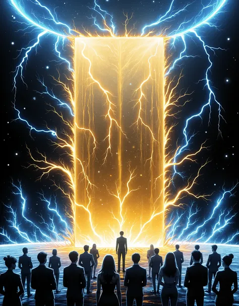 Very Beautiful Blue and Gold, Painting-like Sky, Dark Digital Space, The Golden Panel, The Collapse of the Electronic World, Artwork High Quality, realistic, Extremely detailed, professionals under the umbrella, HDR, Generative Base Drawing, clear focus, v...