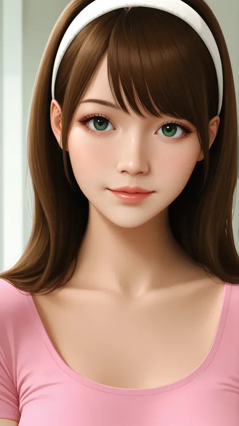 A beautiful adult woman with long brown haired with full-spiky bangs, beautiful green eyes, medium chest, wear white hairband, wear a pink shirt with scoop neck and short-sleeved, portrait, front-face view, realistic