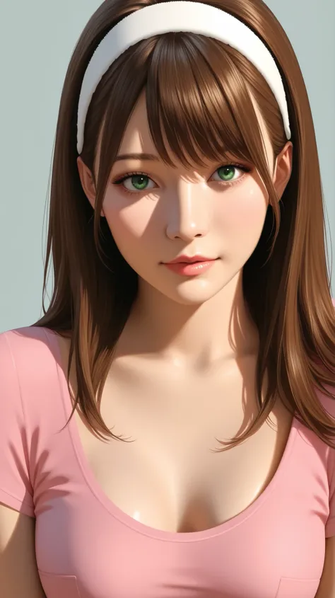 A beautiful adult woman with long brown haired with full-spiky bangs, beautiful green eyes, medium chest, wear white hairband, wear a pink shirt with scoop neck and short-sleeved, portrait, front-face view, realistic