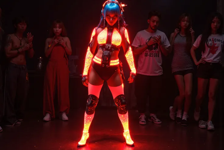 cute woman wearing (sexy sectional Star Wars Darth Vader inspired outfit with red neon high lights, sci fi short boots glowing, utility belt, electronic hairband with antenna, matching glowing star sparkle body paint), she is a fashion model in the spotlig...