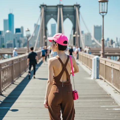 A stylish young woman walks across the Brooklyn Bridge on a sunny spring day. Seen from behind, she wears a form-fitting brown jumpsuit with open-back cutouts, a neon pink backward cap, and a matching mini bag. The shot is perfectly symmetrical, with the b...