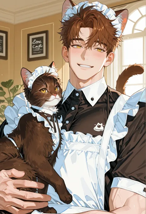 1 male, 28 year old male, handsome, adult, mature, beautiful masterpiece, sports hair, brown hair, yellow eyes, short hair, sports hair, healthy beauty, smiling, wearing white maid outfit, lace, brown cat ears, brown cat tail, refreshing, alone, background...
