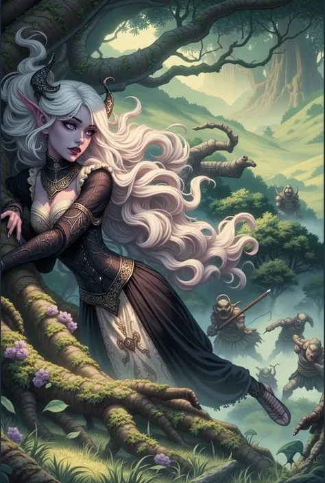(Ultra-detailed face, Looking Away, Gothic Illustration, Dark Tone Colors.) , BREAK
(White gas, misty forest. Rolling hills, the ground covered with grass and sheep's teeth, vines coiling around the trees. A female dark elf wizard twists her body and duck...