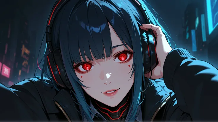 woman humanoid mechanical cyberpunk of darkness using headphones in nght city of future horror