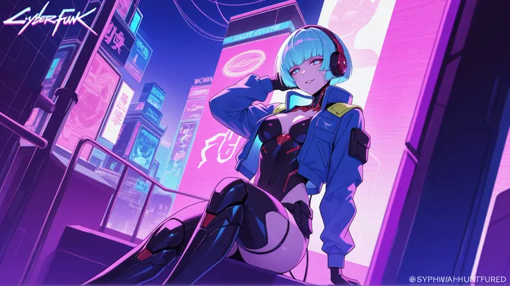 synthwave woman humanoid mechanical cyberpunk using headphones in nght city of future