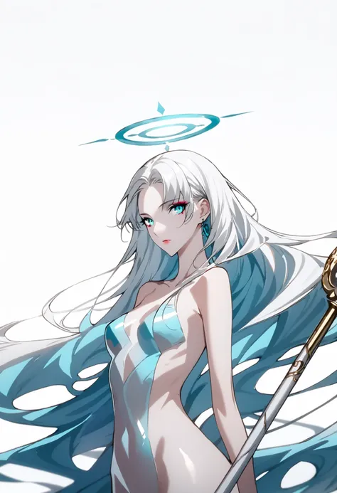 wind，pure white background， turquoise，wind之女神 ，圣徒，微wind环绕，Halo，Charming and beautiful， And hold the staff，perfect body，shiny eyes， Smoky Makeup，sexy，sexy,Transparent，nude