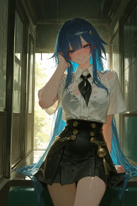 1girl, sparkle_(honkai_star_rail), 748cmstyle, dishwasher1910, pigeon666, reoen, very long hair, loose hair, blue hair, black eye, fantasy academy school uniform, white shirt, black skirt, rain, rainy day theme, zoomed medium shot from belly to head, focus...