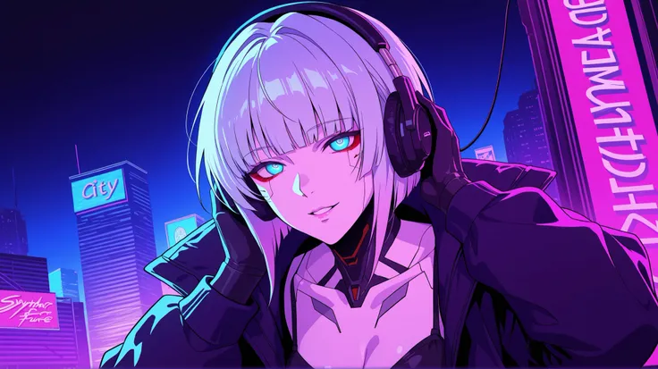 synthwave woman humanoid mechanical cyberpunk of darkness using headphones in nght city of future horror