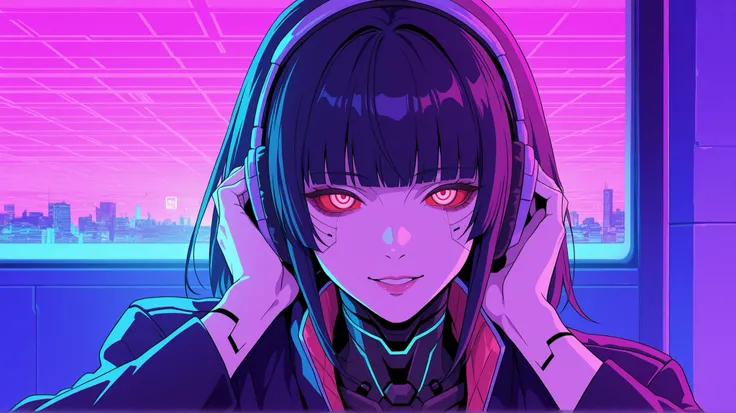 synthwave woman humanoid mechanical cyberpunk of darkness using headphones in nght city of future horror