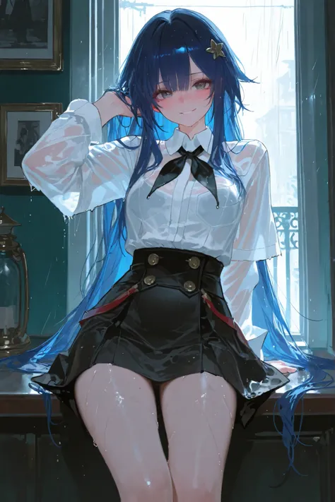 1girl, sparkle_(honkai_star_rail), 748cmstyle, dishwasher1910, pigeon666, reoen, very long hair, loose hair, blue hair, black eye, fantasy academy school uniform, white shirt, black skirt, rain, rainy day theme, zoomed medium shot from belly to head, focus...